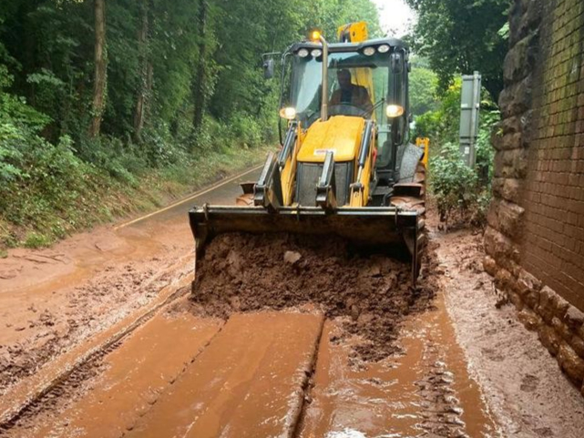 The A358 in Somerset which remains closed near Combe Florey following a mud slide yesterday, August 16 2022. Flash floods after days without rain caused the road block