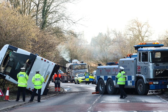 A major incident was declared this morning after a double-decker bus carrying 70 workers to Hinkley Point C overturned on the A39 near Bridgwater. No-one died in the incident but multiple people have been injured. Emergency services, including an air ambulance, attended the A39 Quantock Road, near Cannington, at around 6am this morning (17 January). Bridgwater, Somerset. 17 January 2023. 