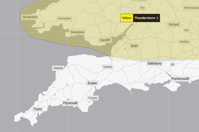 West Somerset is set to narrowly escape a yellow warning for thunderstorms this weekend