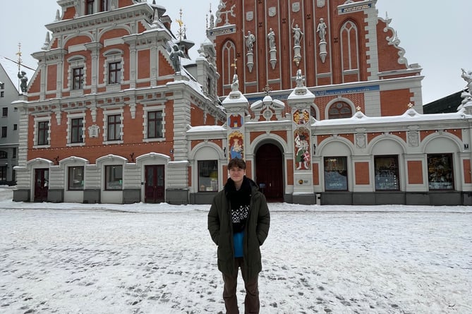 Anthony Knight outside the famous House of the Black Heads, in Riga.