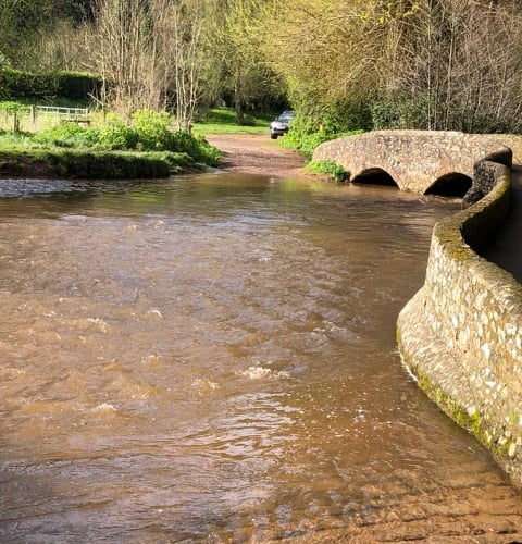 High water at Packhorse Bridge, Dunster, on April 5 (Christine Kershaw)
