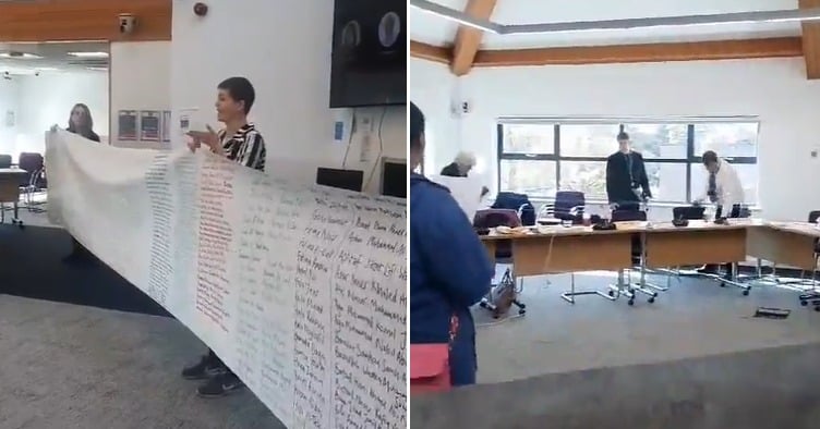 Protestors at the meeting on April 15 (left) and the meeting being a suspended (right) (Image: Palestine Action)