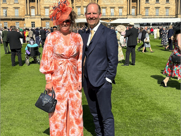 Exmoor Hill Farming Network manager Katherine Williams and chairman Ian May attending a Buckingham Palace Garden Party.