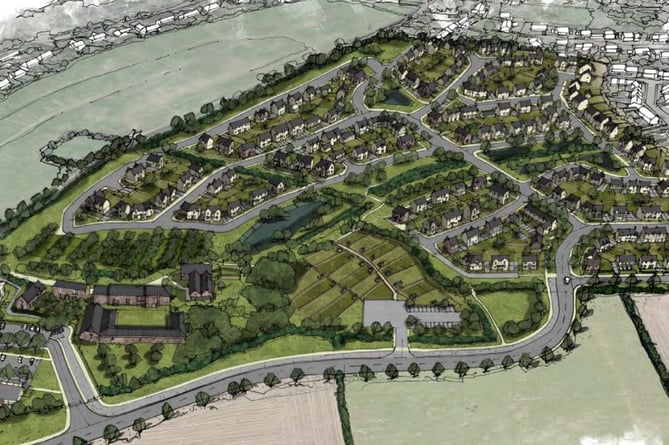 Artist's impression of 230 homes, commercial space, orchards and allotments at Parsonage Farm on the B3191 Brendon Road in Watchet (LHC Design)