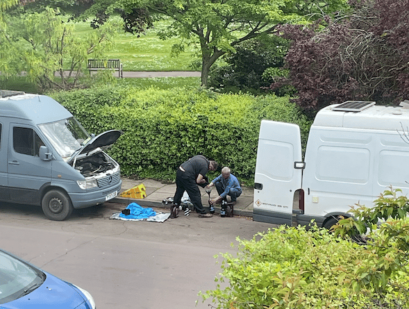 Motorhome maintenance work being carried out in Blenheim Road, Minehead, where a number of people are said to be living in the vehicles.