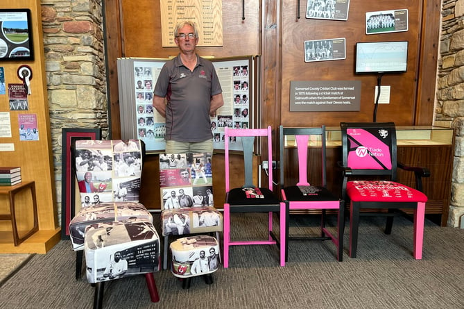 Stuart Tudball in the Somerset Cricket Museum with the four lots of Somerset themed furniture 
