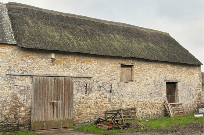 The north face of the west end of the Tithe Barn in East Quantoxhead.