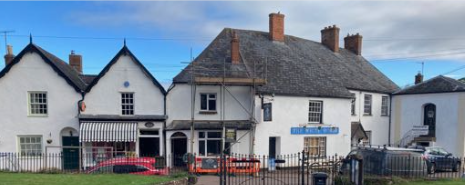 Stogumber village shop on the left with the proposed new premises in the centre and the White Hart Inn on the right. 