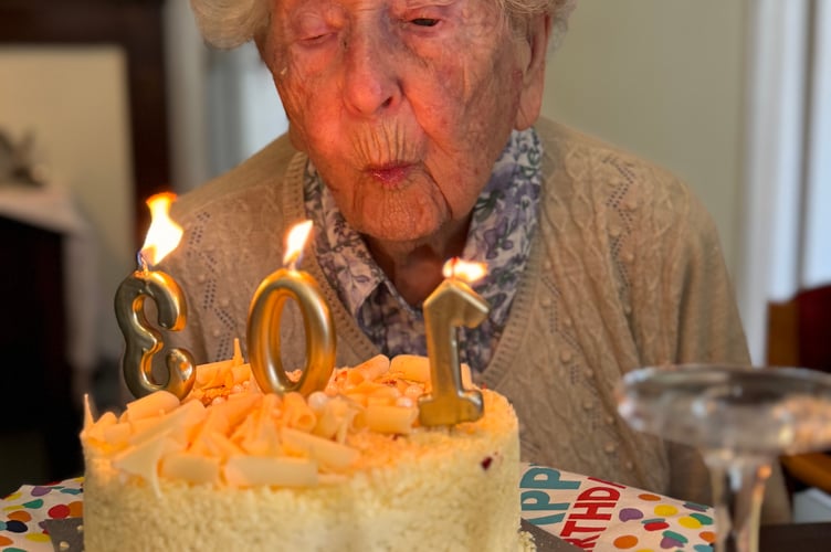 Muriel Marrison with her 103rd birthday cake.