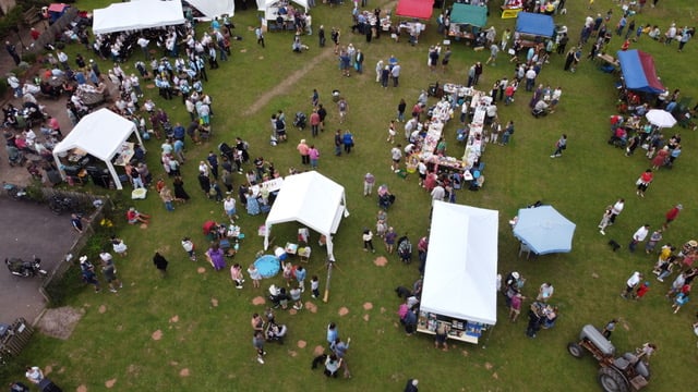 A drone's eye view of Roadwater Recreation Ground hosting the village's annual fete.