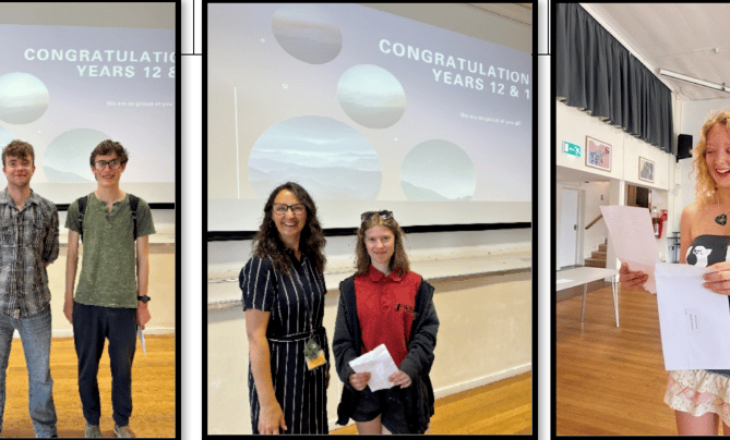 Students celebrating A-level results at West Somerset College are (left to right) Juozapas Neveraukas, Nathaniel Southam, Benjamin Johnson, Kayleigh Ford, and Sophia Anderson.