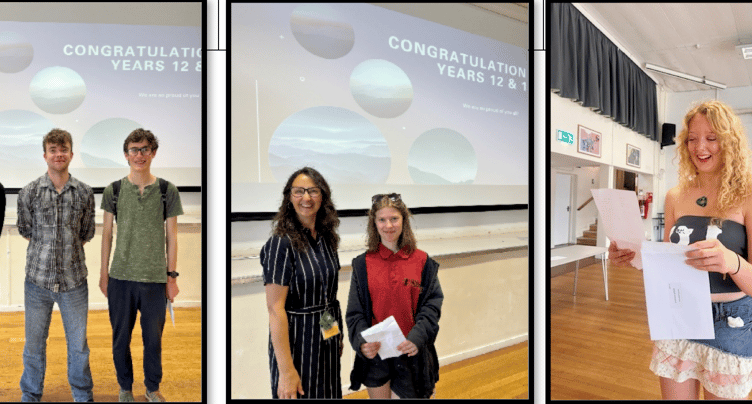 Students celebrating A-level results at West Somerset College are (left to right) Juozapas Neveraukas, Nathaniel Southam, Benjamin Johnson, Kayleigh Ford, and Sophia Anderson.