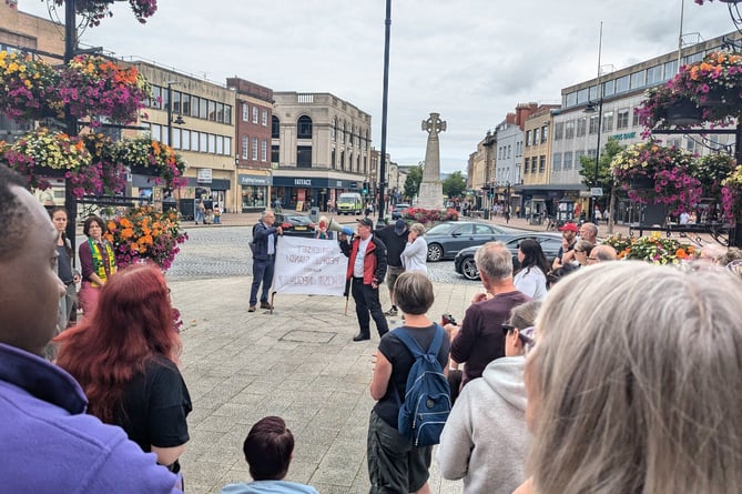 A photograph of speakers at the anti-far right demonstration in Taunton on Saturday, August 17 (Photo: Andy Mitchell, Chair of the Somerset & North Devon Unite Community Branch.)