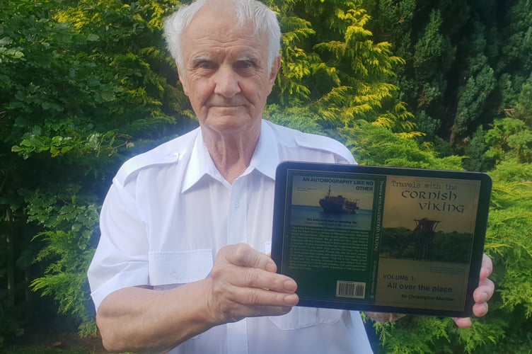 West Somerset-born environmentalist and marine adventurer Chris Marrow with the cover of the third volume of his autobiography.