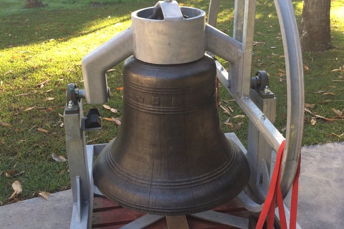 The church bell. Photo released November 19 2024. A British church bell is finally ringing after 150 years in silence - and is now Australia's oldest ringing church bell.The bell - which belonged to a church at Upton village, Somerset - is now placed in an wedding chapel at Kantara House in Green Point, New South Wales. Cherie Reid - who built the wedding chapel rescued the bell dating from 1550 - installed it almost 10,000 miles away from its original home.She told the BBC it had been difficult to source a bell in Australia.
