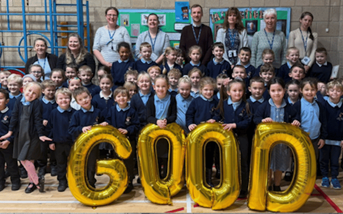 An Ofsted 'good' rating for Knights Templar School, Watchet, is celebrated by some of the staff and pupils.