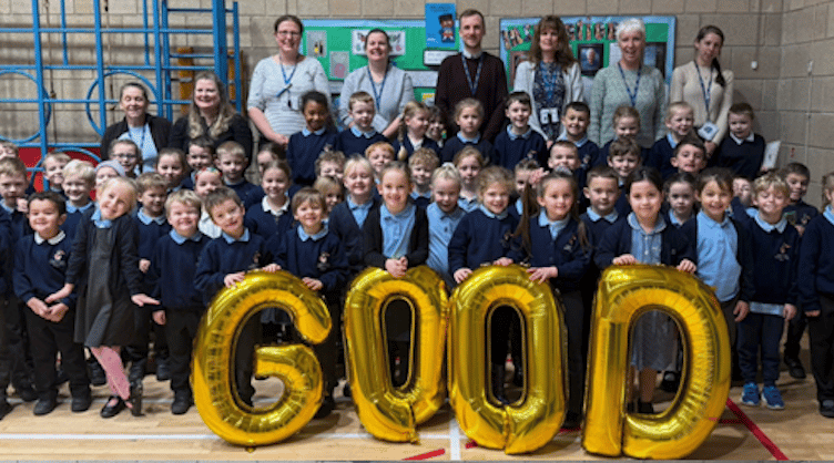 An Ofsted 'good' rating for Knights Templar School, Watchet, is celebrated by some of the staff and pupils.