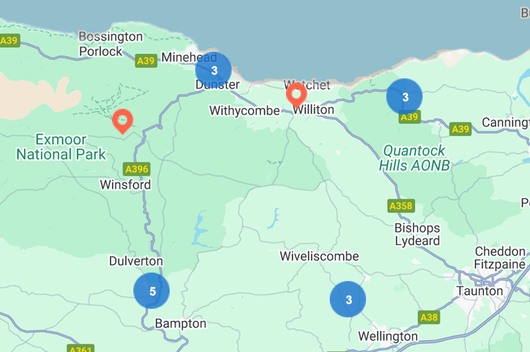 National Grid map showing locations of power cuts in West Somerset