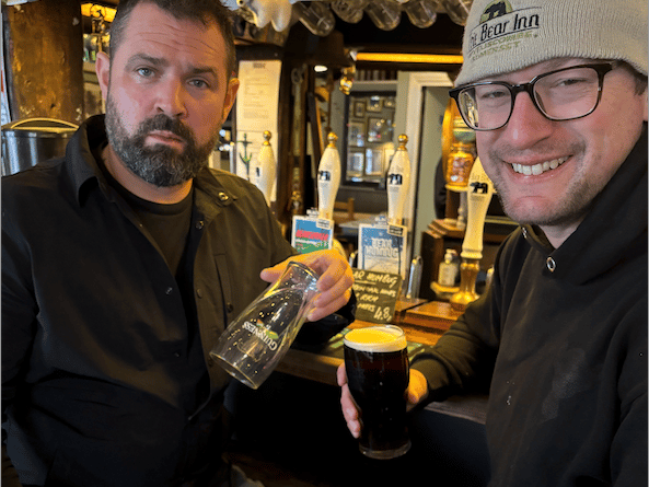 Publican Jon Coward and brewer Tom Davis in The Bear Inn, Wiveliscombe, preparing to overcome a shortage of Guinness by brewing heir own.