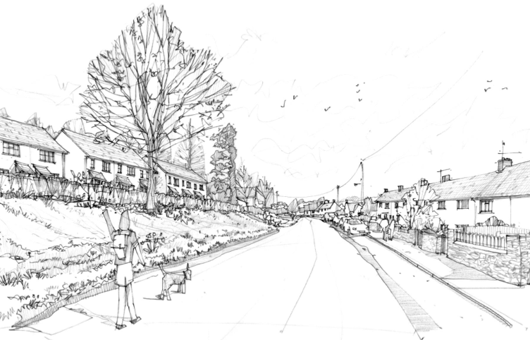 A drawing illustrating how new homes (on the left) proposed by Summerfield would look in the context of walking along North Street, Wiveliscombe. IMAGE: Reed Holland.