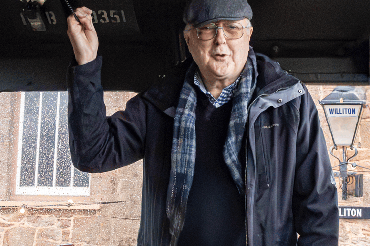 Steve Martin whistling at Williton, celebrating 52 years at the West Somerset Railway