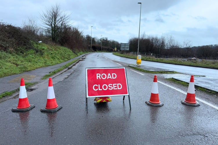 Road closure on A377 roundabout at Crediton due to flooding