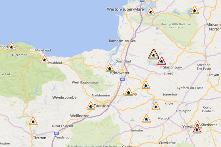 Map of flood warnings in Somerset