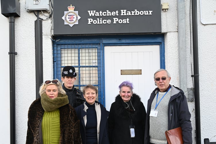 Rachel Gilmour MP, PCC Clare Moody, with Watchet councillors, Cllr Loretta Whetlor and Cllr John Irven.