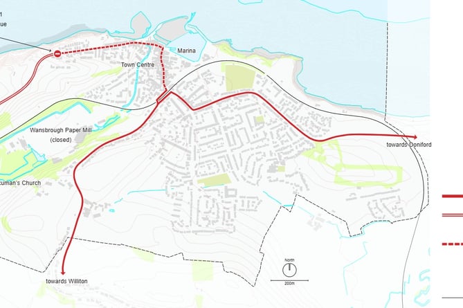 Map showing the B3191 Cleeve Hill closure in the context of Watchet's road network