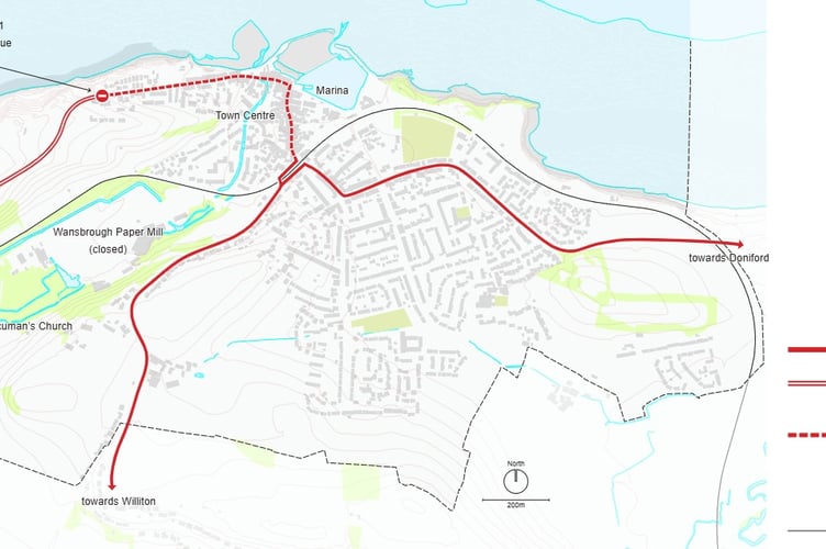 Map showing the B3191 Cleeve Hill closure in the context of Watchet's road network