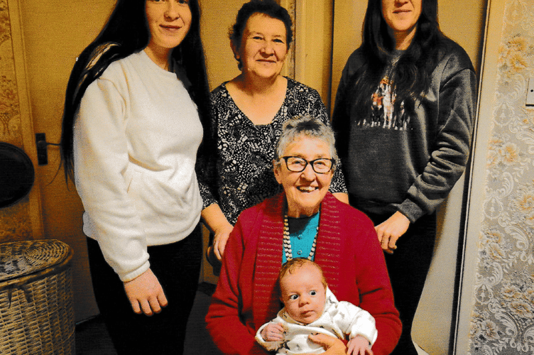 Five Exmoor generations: Baby Arlo is held by great-great grandmother Joyce Smith with (left to right) mum Holly Pennells, great-grandmother Jenny Sleep, and grandmother Jo Sleep. PHOTO: Samantha Hill.