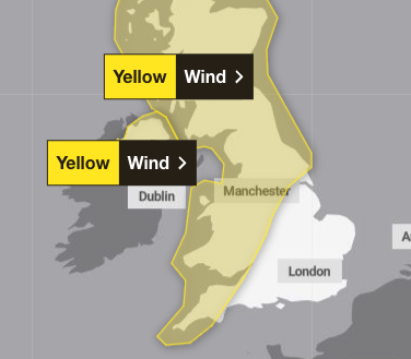 The warning will come into force from 6m on Sunday, February 23, anticipating winds of up to 70mph in some areas